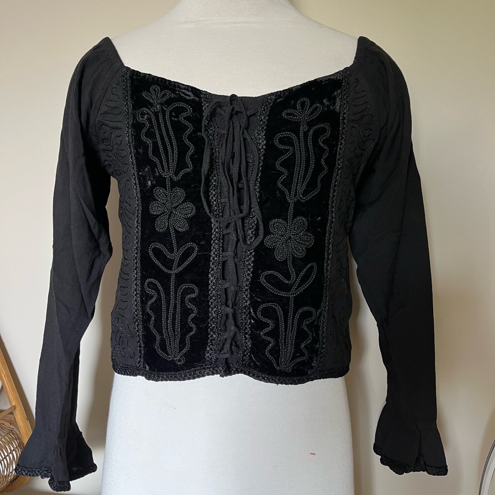 Black Long Sleeve Tie Front Fitted Blouse